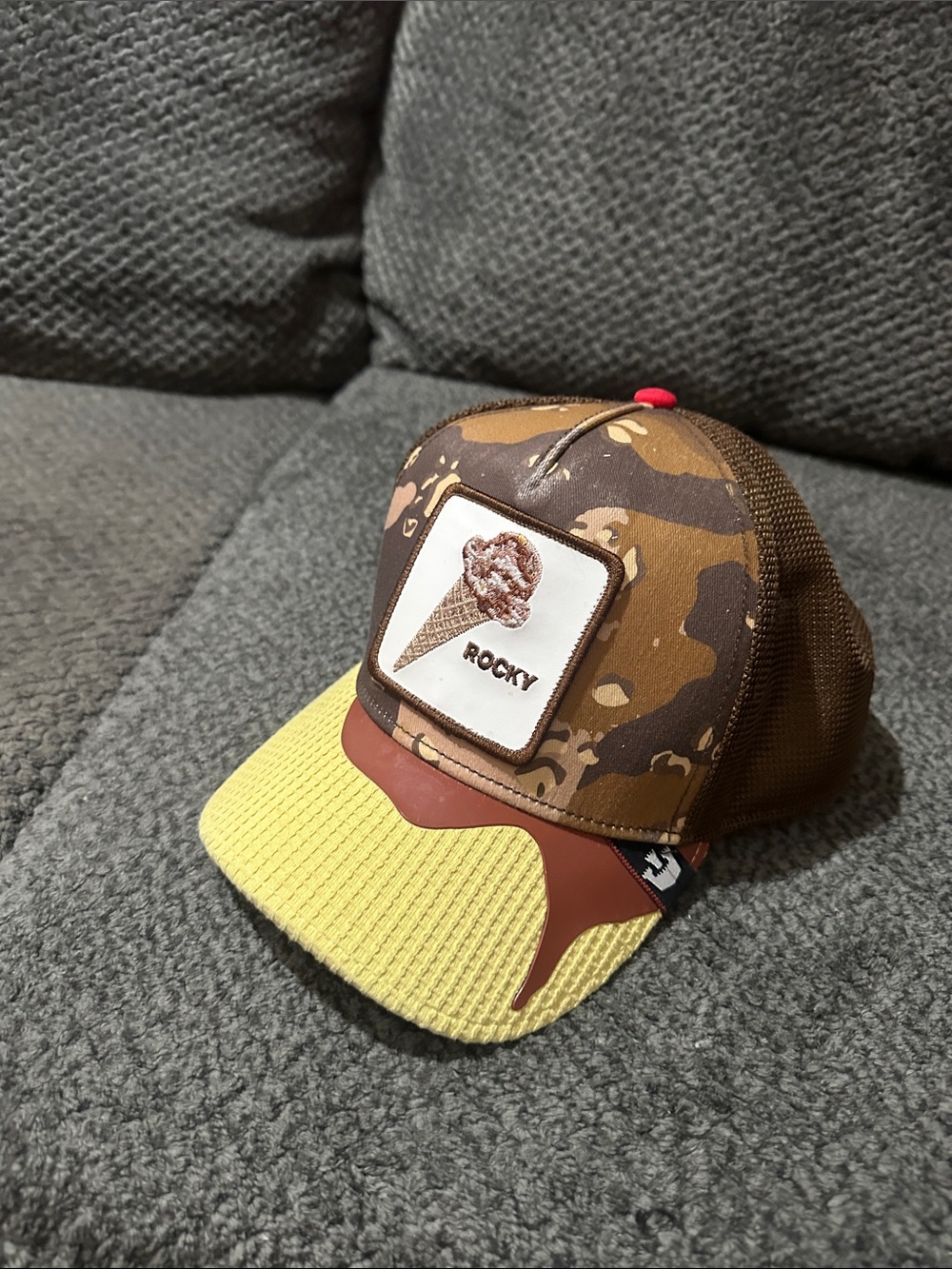 Rocky Brown Camo & Yellow Mens Trucker Hat with Ice Cream Patch